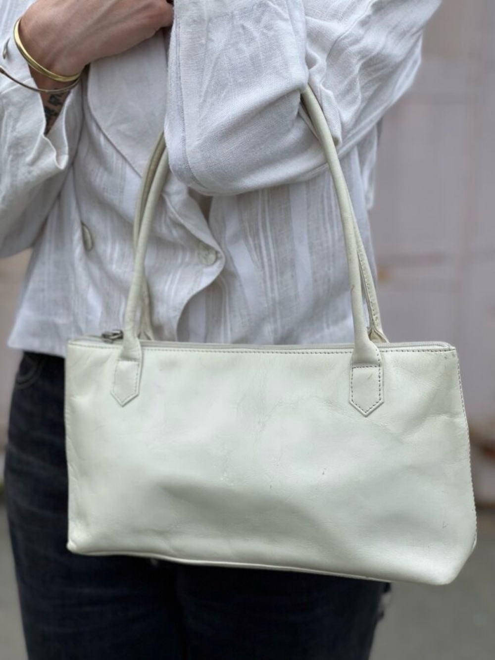 HOBO Cream Leather Shoulder Bag with Double Straps